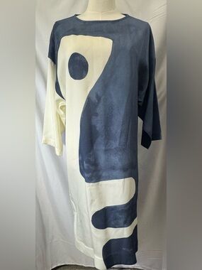 Mara Hoffman Midi Dress 100% Tencel Abstract Navy & Ivory Oversized Sustainable